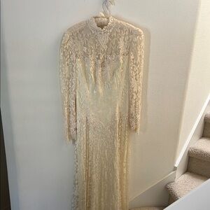 Authentic Original Vintage Style Cream Sequin Gown with Bishop Sleeves